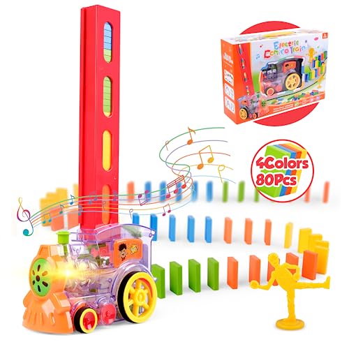 Vanmor Domino Zug Spielzeug Set Mit 80 PCS Domino Blöcken, Kinder Domino Spielzeug, Elektrischer Zug Mit Licht Und Ton, Kinder Lernspielzeug Spiel Für Mädchen Jungen von Vanmor