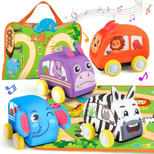 Vanmor Spielzeug ab 1 2 Jahr, Animal Theme Car Toys with Music Playmat/Storage Bag, Geschenke für 1 2 3 jährige Jungen Mädchen von Vanmor