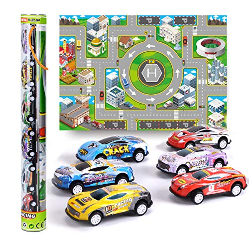 Vanplay Auto Spielzeug mit Autos und Autokarte Pull Back Fahrzeuge Zurück Geburtstag Weihnachten Geschenk für Kinder Jungen Mädchen 3 Jahre 6Stk von Vanplay