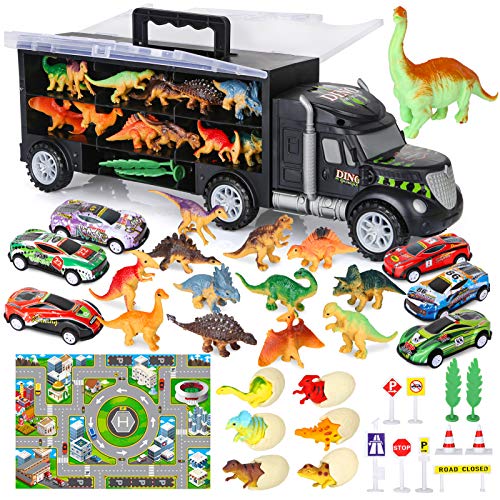 Vanplay Autotransporter Dinosaurier LKW Spielzeug einschließen Kleine Dinosaurier Figuren Dino Ei Mini Rennauto mit Spielmatte, Verkehrszeichen für Kinder 37PCS von Vanplay