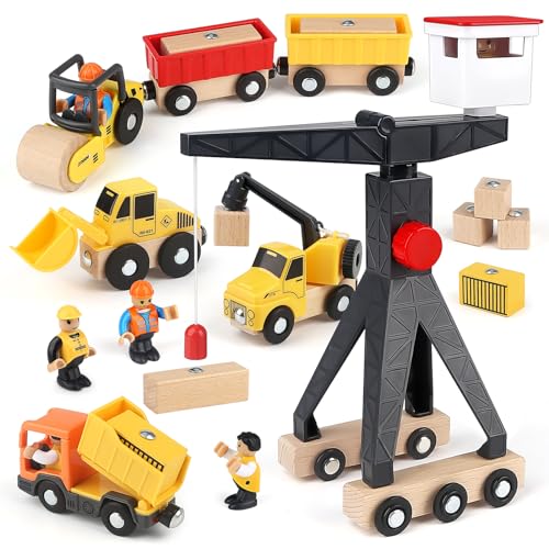 Vanplay Baustellenfahrzeuge Kinder Kran Spielzeug Holzspielzeug Baustelle Spielzeug ab 2 Jahre Junge mit Turmkran Bagger Kranwagen Muldenkipper Straßenwalze Geschenk 2 3 4 5 Jahre Junge von Vanplay