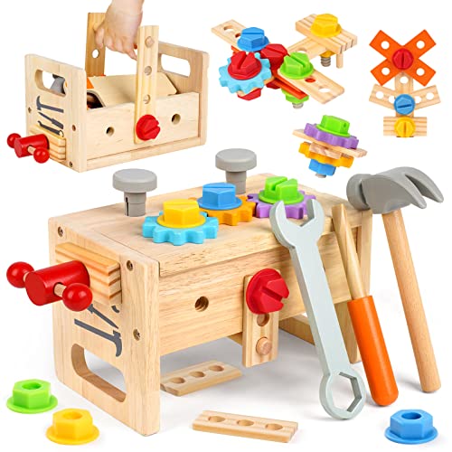 Vanplay Holzspielzeug Werkzeugkoffer Kinder Werkzeug Werkzeugkasten Kinder mit Farbige Holzwerkzeuge Kinderspielzeug ab 3 4 5 6 Jahre Jungen Mädchen (30STK) von Vanplay