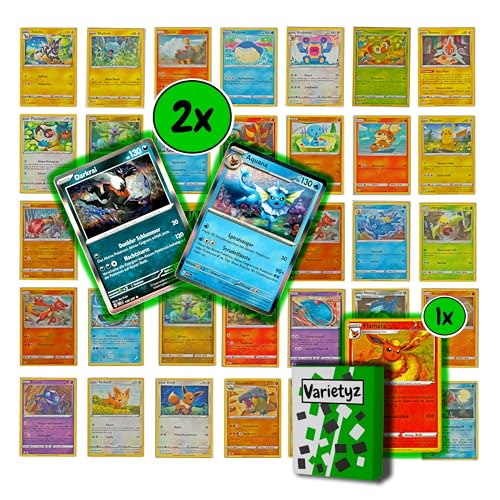 50 Verschiedene Pokemon Karten Set Deutsch - 50 Stück Karten Set - 2 Holo Karten + 1 Reverse Holo Karte - Pokemonkarten von Varietyz