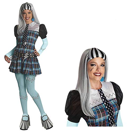 Vasahe Frankie Stein Damen Kostüm Komplett Set mit Perücke Monster High/Karneval Halloween Hexe Zombie Party (XS 34/36) von Vasahe