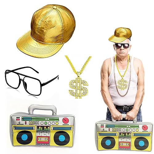 Hip Hop Kostüm, 90s Rapper Zubehör, Hut Sonnenbrille Gold Kette, für Partys, Rap-Konzerte und andere Outdoor-Aktivitäten von Vastsea