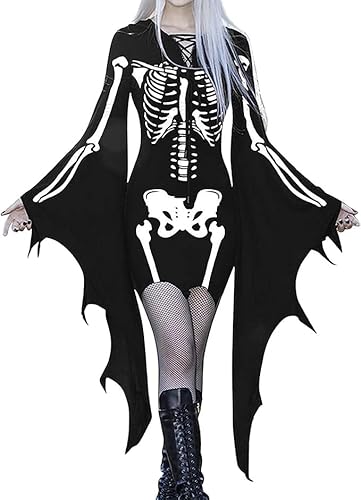 Vatocu Halloween Kostüm Skelett Kleid Langarm Fledermaus Kostüm Halloween Bodycon Kleid Karneval Cosplay für Frauen von Vatocu