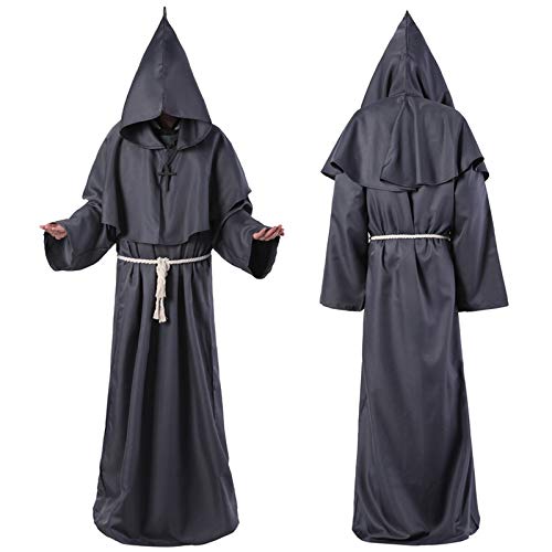 Vautvis Halloween Mönch Kostüm Herren, Priester Robe Mönch Kostüm Mittelalter Renaissance Kapuze Mönch Robe, Mit Kreuz-Halskette, Handschuhe Und Kordel, Halloween, Karneval Und Rollenspiel Kostüme (M) von Vautvis