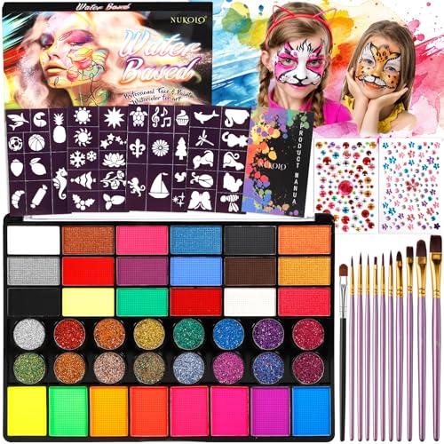 Vautvis Kinderschminke Set, Gesichtsfarben Kinderschminken Set 42 Farben Schminkpalette, 11 Berufs Pinsel, 4 Vorlagen Und 2 Aufkleber, Halloween Schminke Theaterschminke Bodypainting Farben Mädchen von Vautvis