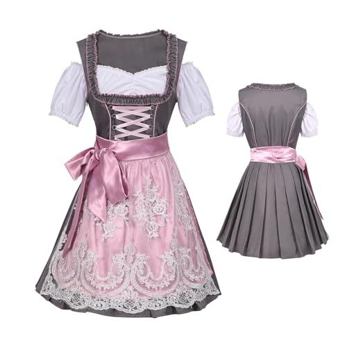 Vbnuyhim Bayerisches Kleid für Damen – rosa Schürze, deutsches bayerisches Kleid, authentisches U-Ausschnitt, Dirndlkleider, deutsches Oktoberfest-Outfit, bayerisches Kleid für Oktoberfest, Karneval von Vbnuyhim