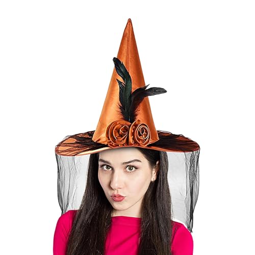 Vbnuyhim Halloween Hexenhut,Halloween Frauen Hexenhut | Hexenhut Cosplay Hüte | Spitzer Hut mit Halbschleier, Partyhüte, Foto-Requisiten, Feder-Rosen-Zaubererhut für Frauen, Teenager, Mädchen von Vbnuyhim