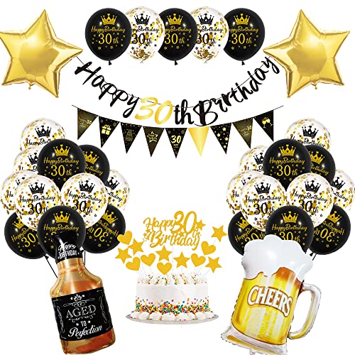 30 Geburtstag Frauen Männer Deko, Schwarzes Gold 30. Geburtstag Dekoration, 30 Jahr Geburtstagdeko, 30 Ballon Deko mit Happy Birthday Banner, 30 Geburtstag Mann, Deko 30 Geburtstag Frau MEHRWEG von Vcumter