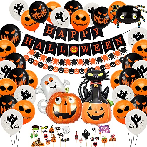 Halloween Deko Kinder Set, Deko Halloween Party, Halloween Luftballons mit 24 Foto Requisiten, Halloween Banner, Spinne, Fledermaus,Hexe, Kürbisgeist Folienballons für Halloween Deko Indoor & Outdoor von Vcumter