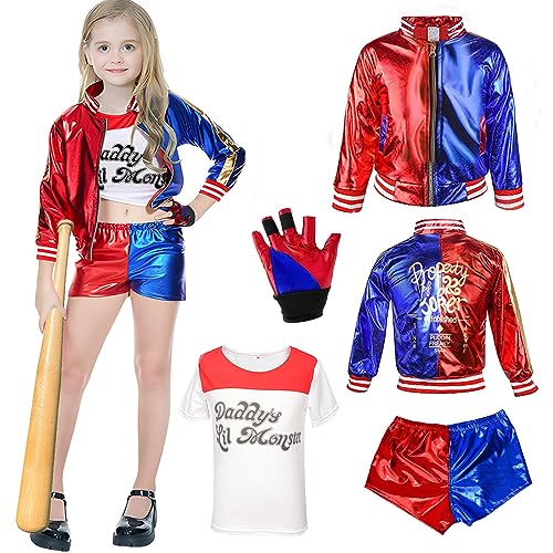 Vcumter Quinn Cosplay Kostüme für Kinder, Quinn Cosplay Kostüme Mädchen mit Jacke T-Shirt Shorts Handschuh Cosplay Kleid Kostüme für Halloween Weihnachten Karneval Clown Cosplay Outfit 130 cm von Vcumter