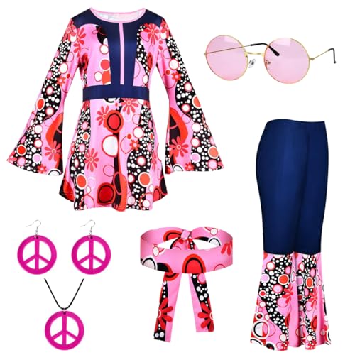 Vcumter Hippie Kostüm Damen, Hippie Kleid Accessoires 60er 70er Jahre Hippie Kleidung Damen, Bekleidung Damen, Faschingskostüme Hippie Mottoparty Kostüm Damen, Schlaghose für Damen Disco Outfit L von Vcumter