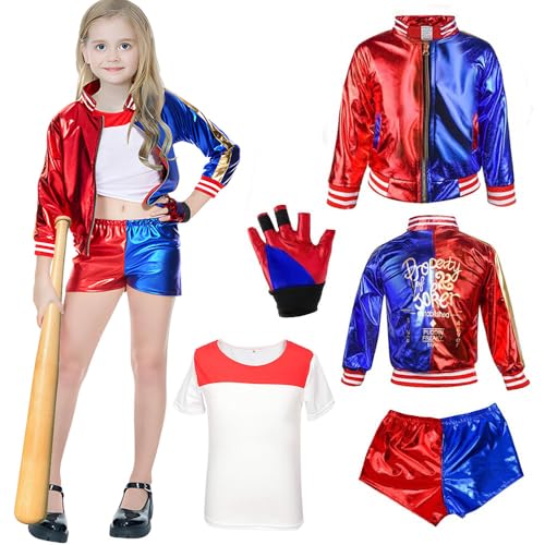 Vcumter Quinn Cosplay Kostüme für Kinder, Quinn Cosplay Kostüme Mädchen mit Jacke T-Shirt Shorts Handschuh Cosplay Kleid Kostüme für Halloween Weihnachten Karneval Clown Cosplay Outfit 140 cm von Vcumter