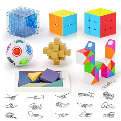 Vdealen Denkaufgabe Metalldraht Puzzle Set Tangram Puzzles Spiel 2x2 3x3 Zauberwürfel Puzzle Spielzeugset 3D Labyrinth Box Snake Cube Rainbow Ball für Kinder und Erwachsene Lernspiele 23er Pack von Vdealen