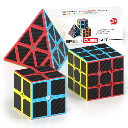 Vdealen Zauberwürfel Set Speed Cube von 2x2 3x3 Pyramide Zauberwürfel Original, Magic Cube für Anfänger und Fortgeschrittene, Geschenk für Kinder Teenager Erwachsene(Kohlefaser-Aufkleber) von Vdealen