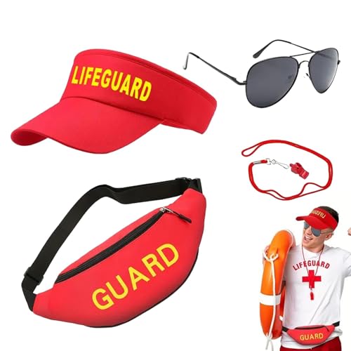 Sandlot Rettungsschwimmer-Kostüm, verstellbares Rettungsschwimmer-Outfit, Baywatch-Kostüm, Rettungsschwimmer-Kostüm mit Zubehör, Sonnenblende, Rettungsschwimmer-Outfit, Gürteltasche, Rettungsschwimmer von Veasbuu