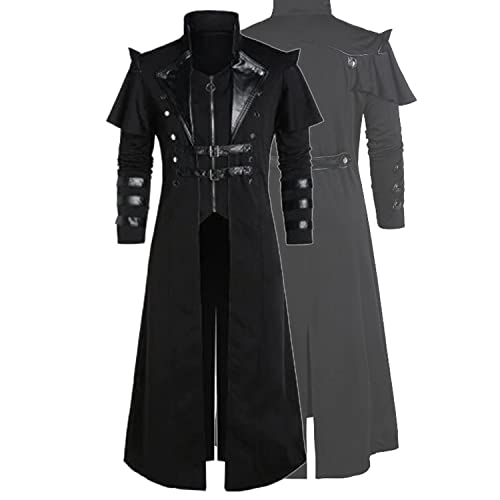 Vecborn Herren Steampunk Gothic Langer Trenchcoat Jacke Zweireihiger Reißverschluss Punk Tops Cosplay Mittelalter Kostüm Schwarz, Schwarz, XXL von Vecborn