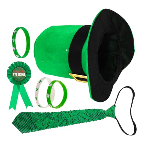 Veemoon 1 Satz Urlaubsset Grüner St Patricks Day Hut St. Patricks Day Kostüm Herrenkostüm Grüner Zylinder Mini-kleeblatt-ornamente St. Patricks Day Accessoires Hut Klee Kostüm Green Stoff von Veemoon