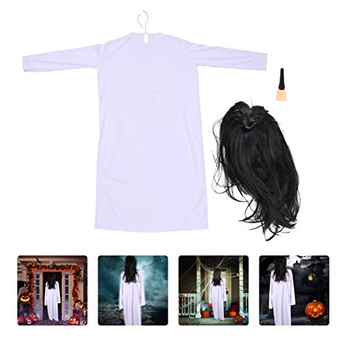 Veemoon Gruseliges Sadako Kostüm Set Für Halloween - Inklusive Perücke Und Künstlichen Nägeln - Perfekt Für Cosplay Und Spukhaus Requisiten Weißes Outfit Für Schaurige Partys von Veemoon