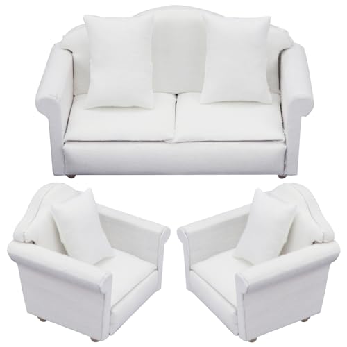 3PCS Dollhouse Sofa mit Kissen, Mini Dollhouse Couch 1 12 Skala Dollhouse Möbel und Zubehör Spielzeug für Dollhouse Wohnzimmer Armstühle Weiß von Veesper