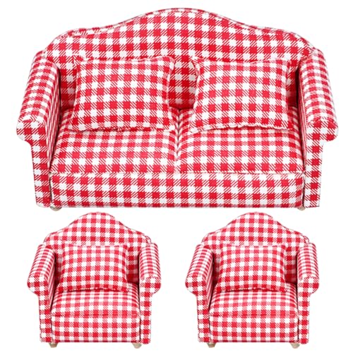 3PCS Dollhouse Sofa mit Kissen, Mini Dollhouse Couch 1 12 Skala Dollhouse Möbel und Zubehör Spielzeug für Dollhouse Wohnzimmer Armstühle rot von Veesper