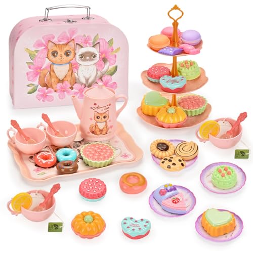 Kids Tea Set für Kleinkinder Girls 3+, Mädchen Tee -Set Kinder mit Dessert, Kekse, Donut, Teekanne, Tablett, Kuchen ＆ Tragetasche, Tea -Party -Set Kids Kitchen Accessoires für Küchen- und Trep P von Veesper