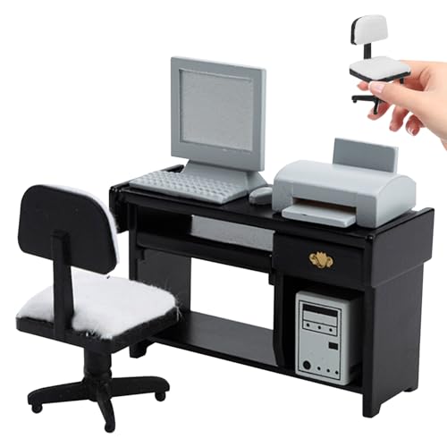 Puppenhausmöbel, 1/12 hölzerne Miniatur -Schreibtisch Simulation Dollhouse Office Table Stuhl mit Miniaturcomputer und Drucker für Puppenhauszubehör von Veesper