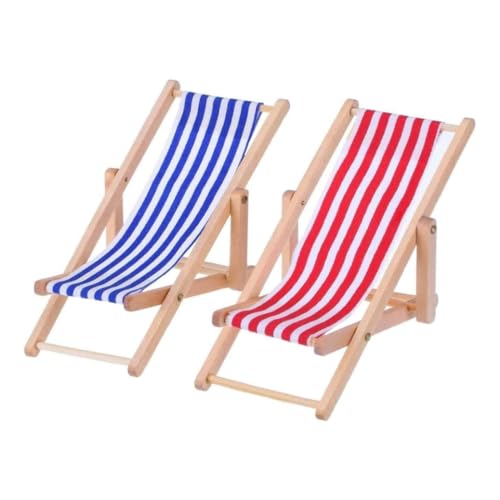 Veesper 2 PCs Miniaturstrandstuhl, hölzerne Mini -Deckstuhl, Puppendeckstuhl, Strandstuhl, Mobiltelefonhalter, Mini -Deck -Stuhl, Klappstuhl, blau/weißer Stoffsitz, ca..11 x 5 cm von Veesper