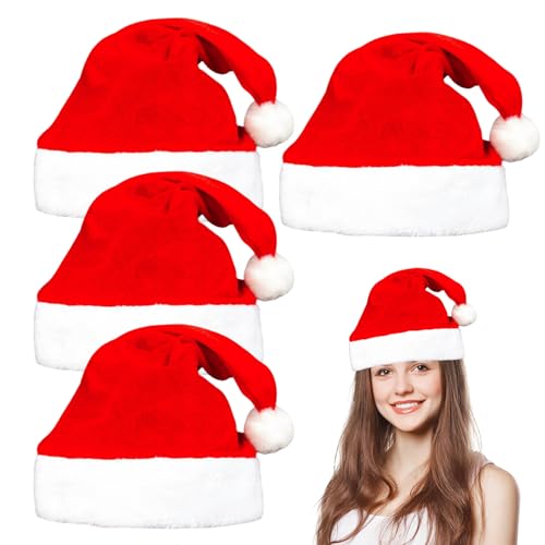 Veesper 4PCS Santa Hats für Erwachsene, Plüsch -Weihnachtsfeier -Hüte rote und weiße Weihnachtshüte für Weihnachtskleidungszubehör Weihnachtsparty Gefälligkeiten von Veesper