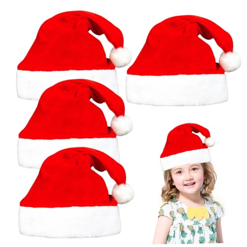 Veesper 4pcs Santa Hats für Kinder, Plüschfeier -Hüte Rot und weiße Weihnachtshüte für Weihnachtskleidungszubehör Weihnachtsparty Gefälligkeiten von Veesper