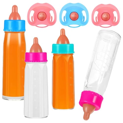 Veesper 7 Stücke/Sets Babypuppenflaschen, 4 PCs Spielzeugbabyflaschen für Puppen mit verschwundener Milch oder Saft mit 3 PCs Schnullerspielzeug, lustiges Simulation Puppenzubehör für Kindergeschenk von Veesper