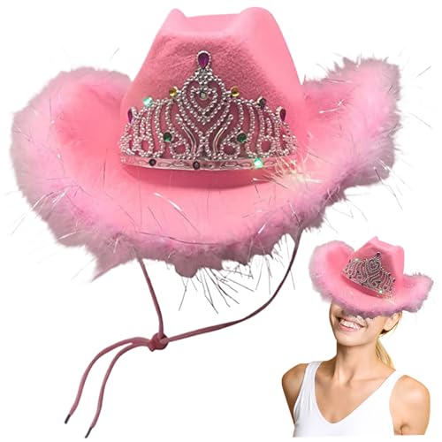 Veesper Cowgirl Hut mit flauschigem Krempe, Glitzer Cowboy Hut Frauen mit Nackenseil, süße Cowgirl Kostüminnen, Cowgirl Accessoires für Kostümfeiertagsfeier. von Veesper