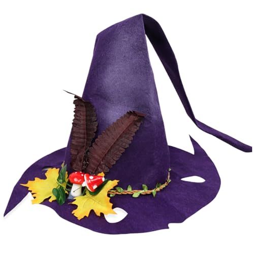 Veesper Hexenhut für Frauen Wizard Hut mit Ahornblättern & Pilzfaltbarer Hexenhut Crazy Hut Halloween Requisiten für Hexenkostüm, Cosplay, Halloween Party von Veesper