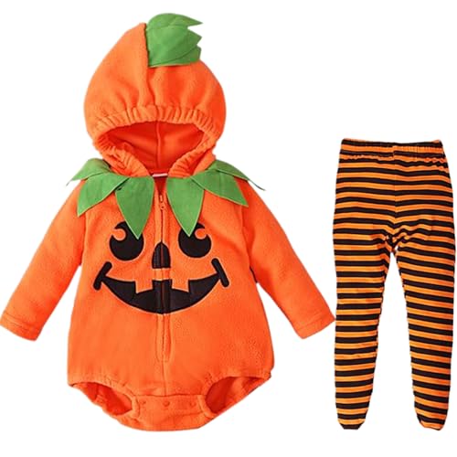 Veesper Kürbis Baby Halloween Kostüm, Langarm -Kapuze -Baby -Kürbis -Kostüm mit gestreiften Strampler Jumpsuit, Reißverschluss Halloween Baby -Outfit für Jungen Mädchen von Veesper