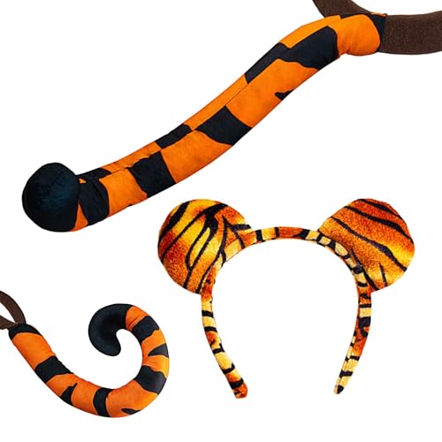 Veeteah Tiger Stirnband Schwanz Set,Tiger Schwanz Stirnband Cosplay | Rollenspielkostüm Tigerohren und Schwanz,Erwachsene und Kinder, und Schulkopfbedeckung, modisches Kostüm für Schulaufführungen von Veeteah