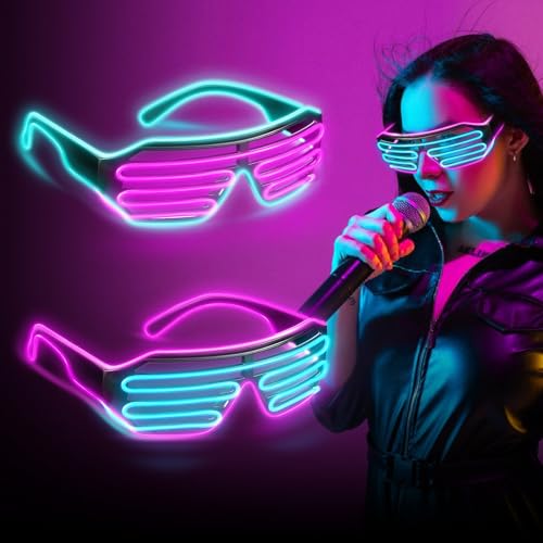 Vegena LED Brille Party, Neon Rave Glasses, 2 Stücks LED Glasses, Partybrille Leuchten Mit 4 Blitzmodi, Partybrille Im Shutter-Stil - Mit El-Kabel Für Cosplay Club Halloween Rave Party (Blau - Rosa) von Vegena