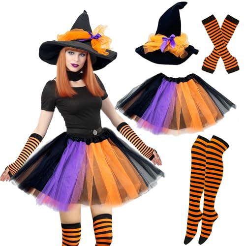 2024 Halloween Erwachsene Hexe Tutu Kostüm für Frauen, einfacher Kürbis Samt Hexenhut gestreifte Socken & Zubehör-Sets (Orange) von Vegove