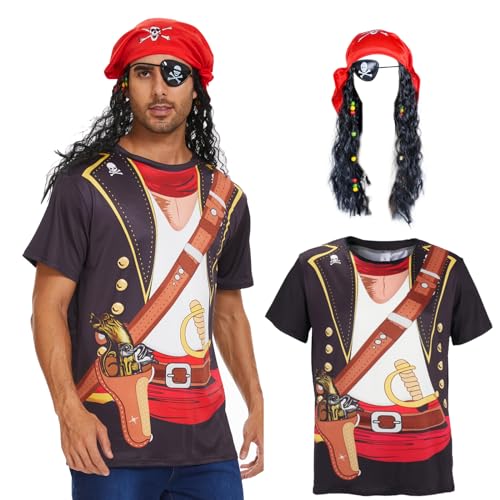 Herren-Piratenkostüm, T-Shirts, 3D-Piraten-T-Shirts, Piratenperücke für Halloween, Perücken-Set, M von Vegove