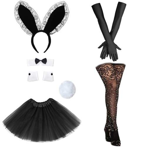 Vegove Hasenkostüm-Set für Damen, Hasenohr-Stirnband, Kragen mit Fliege, Tutu-Rock für Ostern, Erwachsenenkostüm, Cosplay-Partys (Schwarz) von Vegove