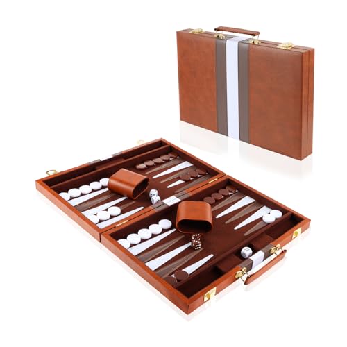 Backgammon-Set, 11 Zoll Backgammon Koffer mit komplettem Zubehör, Tragbares Reisespielset Backgammon mit Tragegriff, Backgammon Sets für Erwachsene (Braun) von Vehipa