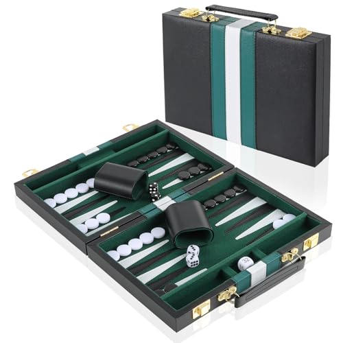 Backgammon-Set für 2 Spieler, Backgammon Koffer mit komplettem Zubehör, Tragbares Reisespielset Backgammon mit Tragegriff, 15 Zoll Backgammon Sets für Erwachsene (Grüner) von Vehipa