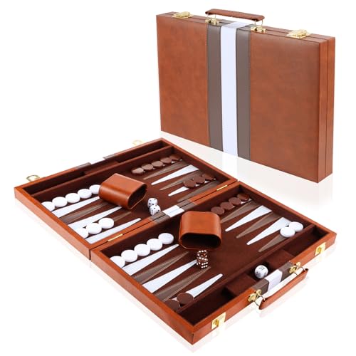 Vehipa 18 Zoll Backgammon Koffer mit komplettem Zubehör, Backgammon-Set für 2 Spieler, Tragbares Reisespielset Backgammon mit Tragegriff, Backgammon Sets für Erwachsene (Braun) von Vehipa