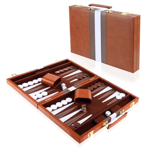 Vehipa Backgammon-Set für 2 Spieler, 15 Zoll Backgammon Koffer mit komplettem Zubehör, Tragbares Reisespielset Backgammon Reise, Backgammon Sets für Erwachsene (Braun) von Vehipa