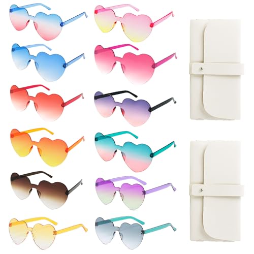 Veiteibe 12 Paar Herz Sonnenbrille Partybrille Set, Transparent Herz Party Brille, Randlose Herzbrillen mit 2 Brillentaschen, für Hochzeit Geburtstag Strand Party Foto Requisiten von Veiteibe