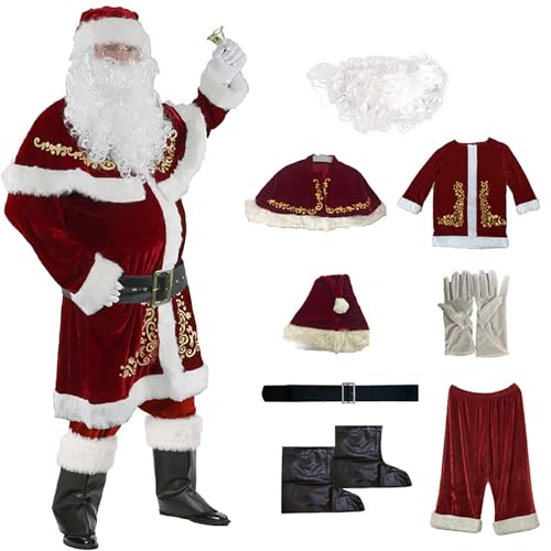 8-teiliges Weihnachtsmann Kostüm Erwachsene Herren Deluxe Rotes Nikolauskostüm Set Santa Claus Cosplay Weihnachtsmann Outfit 3XL von Velcoxplay