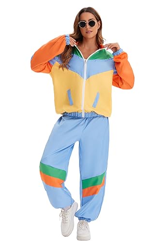 80er Jahre Kostüm Damen Trainingsanzug Disco, 80er 90er Retro Anzug Jacke Hose Anzug Style Jogginganzug für Karneval Faschingskostüm (DE/NL/SE/PL, Alphanumerisch, XL, Regular, Regular, Blau und Gelb) von Velcoxplay