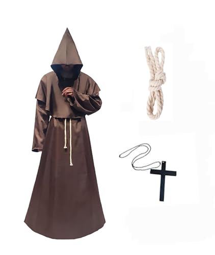 Mönch Robe Kostüm Herren, Priester Mönch Gewand Kostüm Halloween Cosplay Mittelalterliche Robe Umhang Kostüme mit Kapuze für Erwachsene Braun L von Velcoxplay