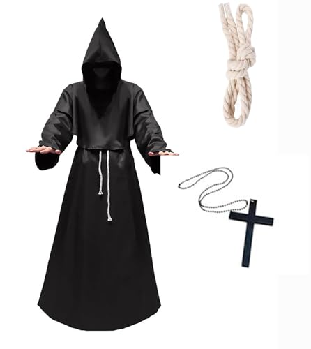 Mönch Robe Kostüm Herren, Priester Mönch Gewand Kostüm Halloween Cosplay Mittelalterliche Robe Umhang Kostüme mit Kapuze für Erwachsene Schwarz L von Velcoxplay